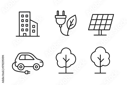 Eco-friendly icons: solar panels, electric car, green energy symbols