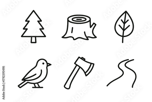 Nature and forestry icons: tree, stump, leaf, bird, axe, pathway