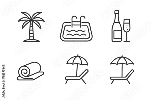 Minimalist summer icons: palm, pool, champagne, towel, umbrella, lounge chair