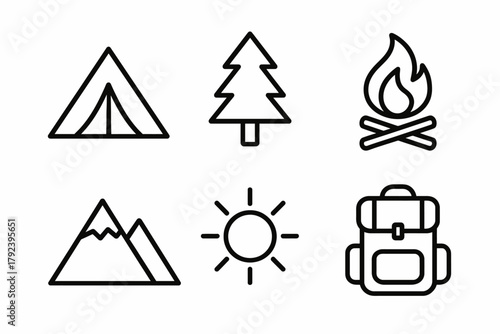 Camping icons: tent, tree, campfire, mountain, sun, backpack