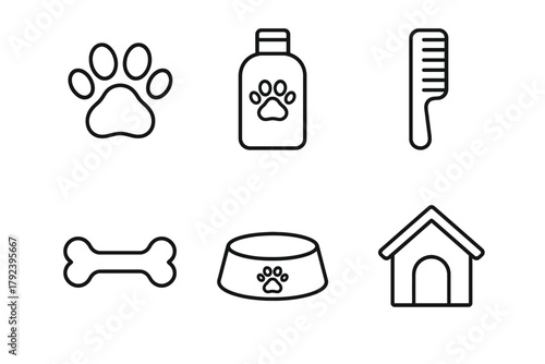 Pet care icons: paw print, bottle, comb, bone, bowl, dog house for animal lovers
