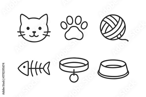 Outline icons of cat face, paw print, yarn ball, fish bone, collar, and bowl