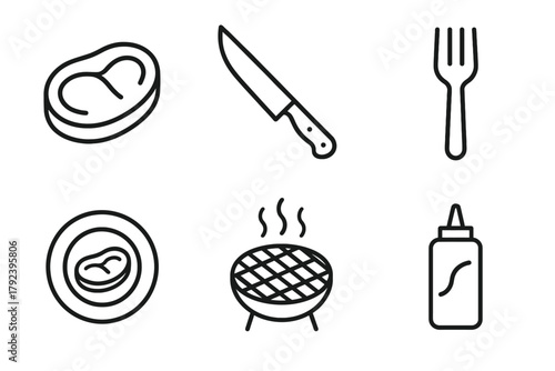 Simple line art icons of steak, knife, fork, plate, grill, sauce bottle