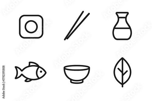 Minimalist icons of japanese cuisine essentials: sushi, chopsticks, soy sauce, fish, bowl, leaf