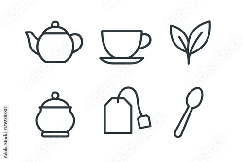 Tea set icons: teapot, cup, leaf, jar, teabag, spoon