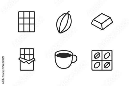Chocolate icons collection: bar, cacao bean, chocolate block, wrapped chocolate, coffee cup