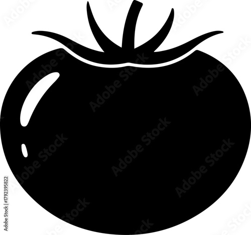 Simple black silhouette of a fresh tomato on a light gray background