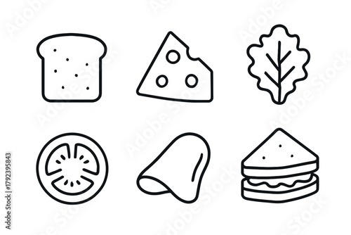 Simplified icons of sandwich ingredients including bread, cheese, and lettuce