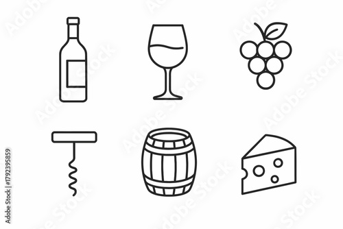 Wine icons set featuring bottle, glass, grapes, corkscrew, barrel, cheese