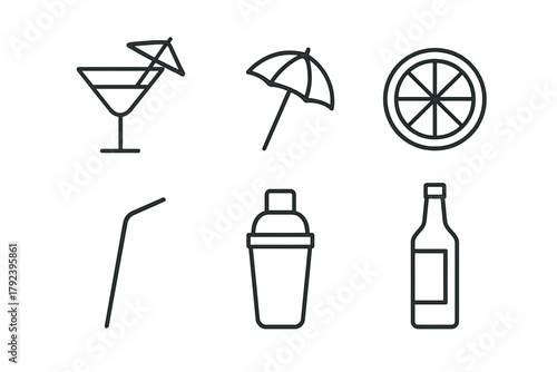 Cocktail icons: martini, umbrella, citrus slice, straw, shaker, bottle