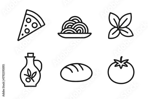Line icons of pizza, pasta, basil, olive oil, bread, and tomato