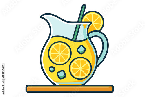 Lemonade pitcher on table with slices of lemon and ice cubes on wooden surface