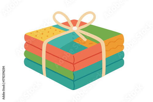 Colorful stacked gift boxes tied with ribbon in flat design style folded fabric for quilting