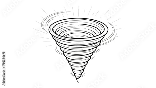 Black and white drawing of a swirling vortex with radiating lines