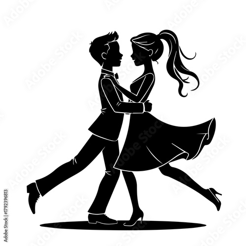 Couple dancing gracefully in stylish attire with silhouette effect  