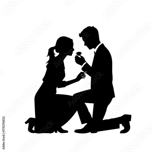 Couple proposing engagement in silhouette on white background  