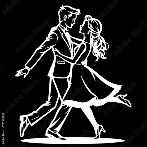 Dancing couple in formal attire performing a joyful dance on black background  