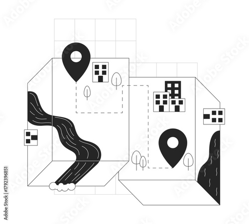 Map navigation line onboarding ui illustration. GPS geolocation. Planning route. Tracking delivery. Isometric mapping with location pins outline 2D concept isolated. Ink linear metaphor vector art