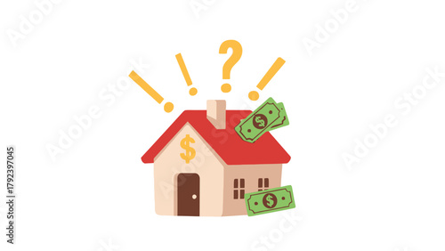 Cartoon house with money and question marks