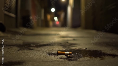 A narrow, dimly lit urban alley, the ground covered in cigarette butts and dark stains