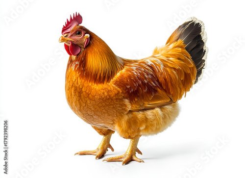 Hyperrealistic Leghorn Chicken on White Background Displaying Detailed Plumage