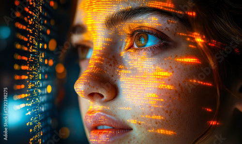 Close-up portrait of woman with digital data projection on face analyzing futuristic technology and artificial intelligence concept in vivid orange and blue light