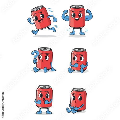Funny Drink Can Character Running, Sitting, and Flexing