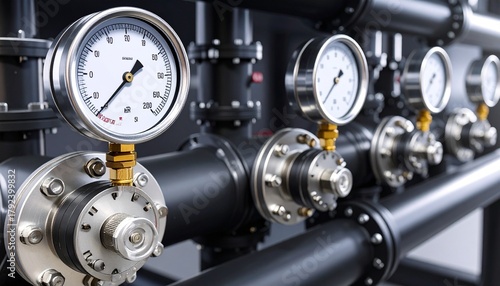 Industrial pressure gauges on black pipes with yellow valves