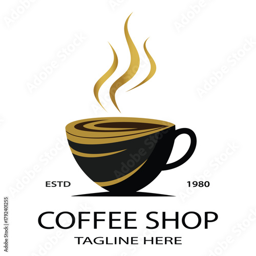 Luxury coffee shop logo design with gold cup swirl detail and steam for gourmet cafe brand identity and beverage