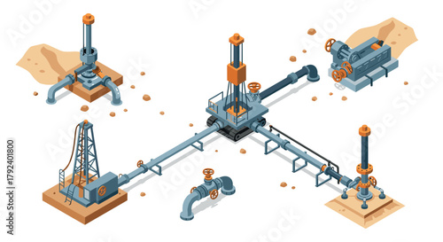 Isometric oil drilling rig and industrial pipelines set on a white background