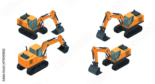 Isometric construction equipment set detailed yellow excavators on white background