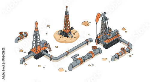 Isometric oil rigs and pipelines with industrial equipment on desert background