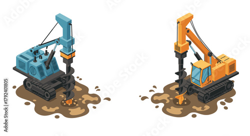 Construction machinery for soil drilling in isometric style