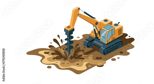 Isometric construction excavator drilling into earth with auger on white background