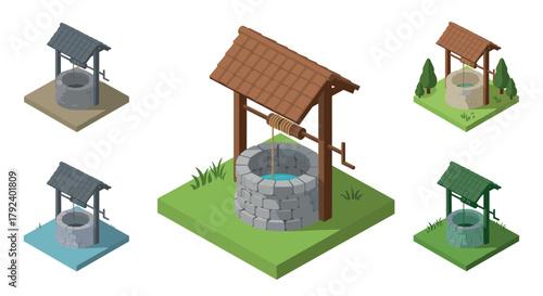 Isometric wishing wells rustic designs in multiple variations with different roof styles