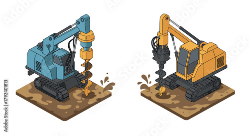 Isometric construction drilling machines on muddy terrain