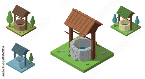 Isometric 3d well set with roof variations on grass patches and trees
