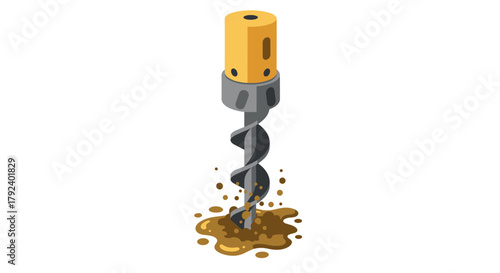 Isometric auger drill in motion with soil impact on white background