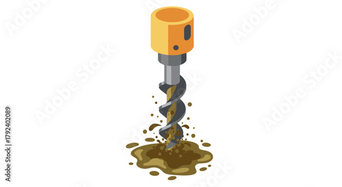 Isometric power drill bit penetrating ground with soil debris