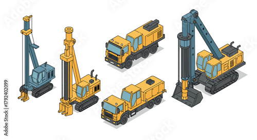 Isometric construction vehicles collection featuring trucks and cranes in modern flat design