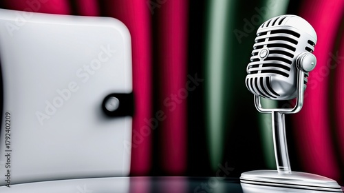 A classic silver microphone stands on a reflective surface in front of a white object and red stage curtains.