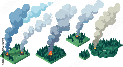 Isometric forest fire stages with smoke plumes in various shades
