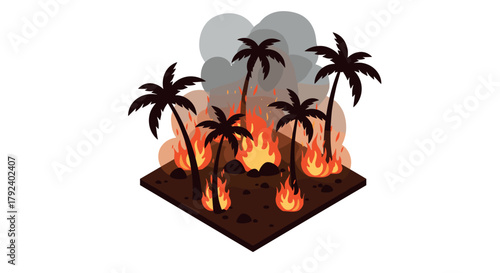 Isometric burning forest scene with palm trees and smoke