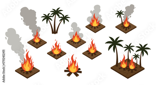 Isometric campfire and palm tree set with smoke on isolated background