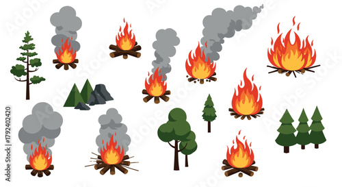 Collection of campfire and forest elements in vibrant cartoon style