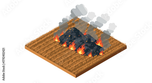 Isometric burning field scene with smoke and flames on crops