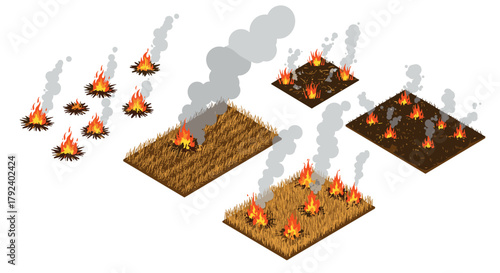 Isometric wildfire scene with burning grass and smoky flames