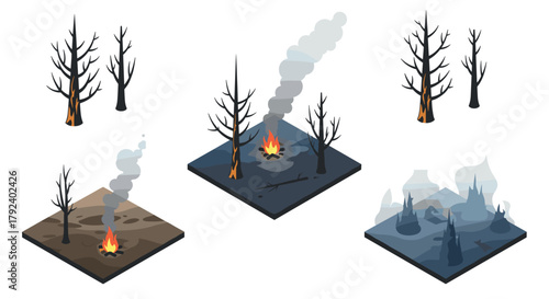 Isometric burning trees set with smoke on scorched earth background