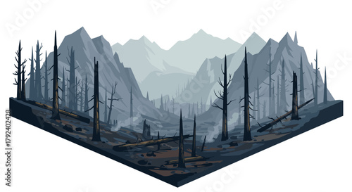 Wildfire aftermath in mountainous landscape with charred trees and smoky horizon