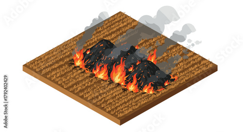 Isometric field fire scene with burning hay bales and smoke plumes